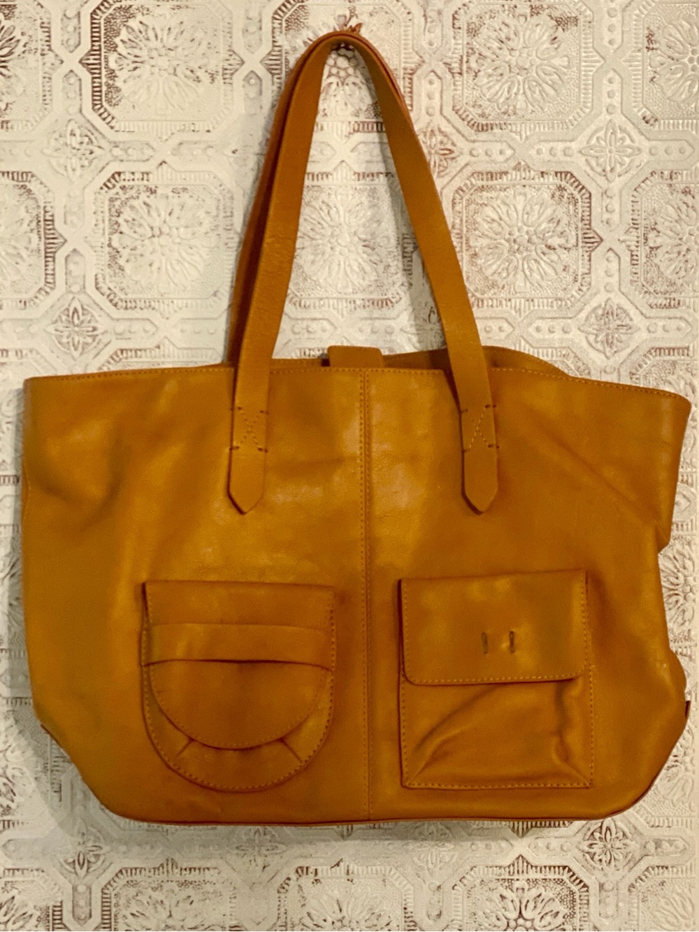 Halogen Mustard Leather Tote with Front Patch Pockets